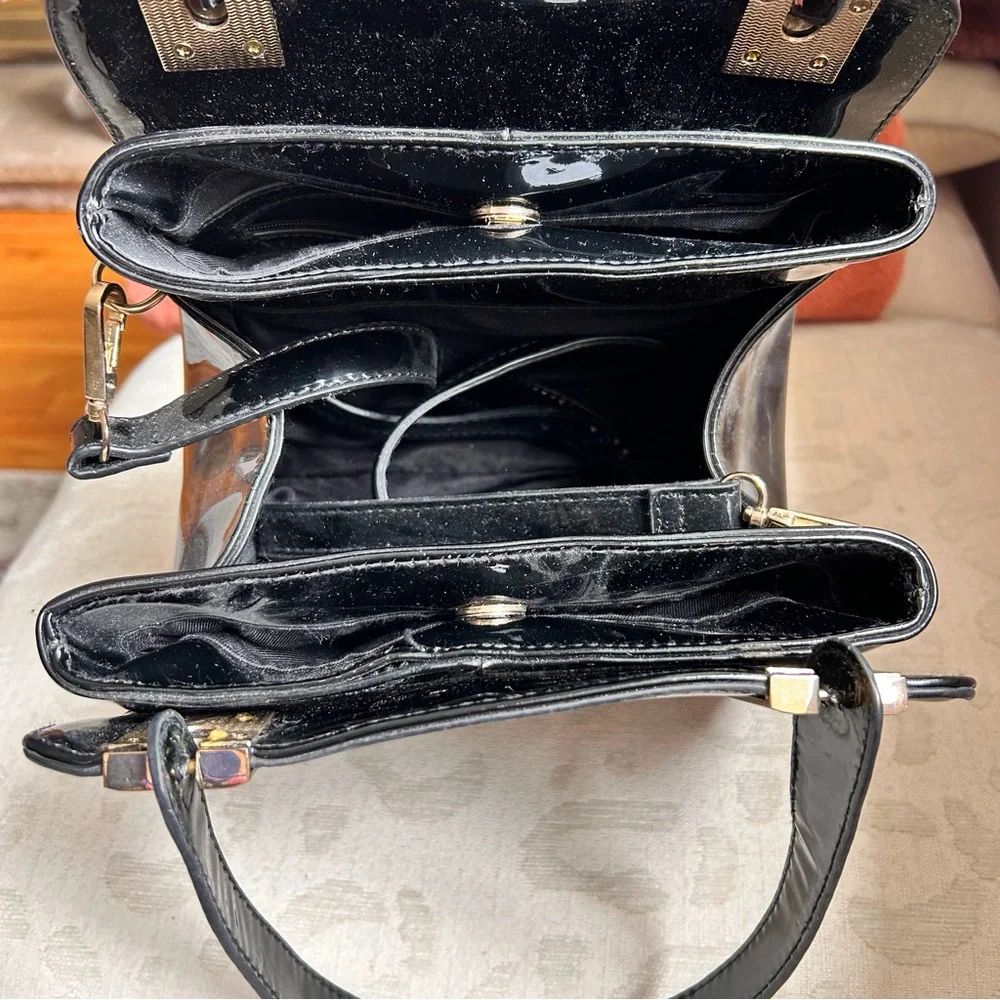 Faux Black Patent Leather Satchel with Gold Hardware, Handles and Crossbody
